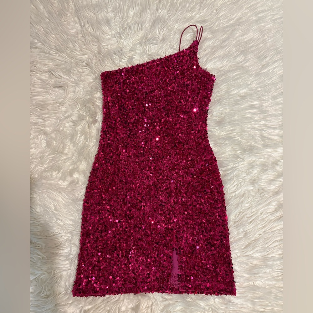 Crystal Doll Fuschia Sequin One-Shoulder Mini Dress